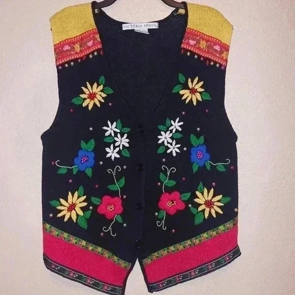 Vintage Victoria Jones Beaded Sweater Vest Women's Sz M Embroidered Flowers - Picture 1 of 7